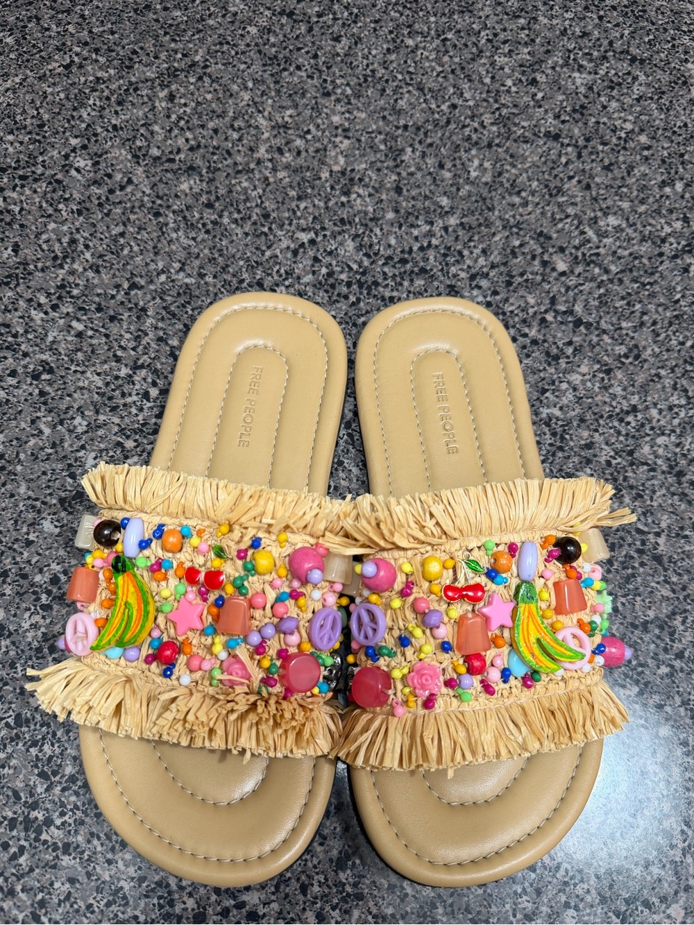 Free People Beige Slide Sandals with Multicolor Bead Embellishments